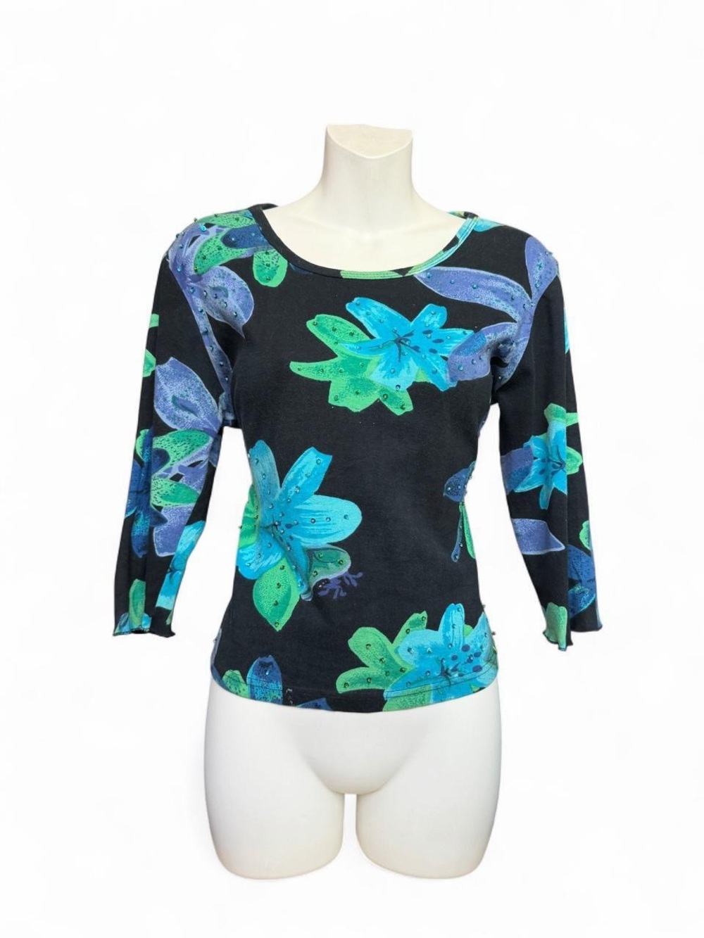 Black Long-Sleeve Scoop Neck Top with Blue and Green Floral Print
